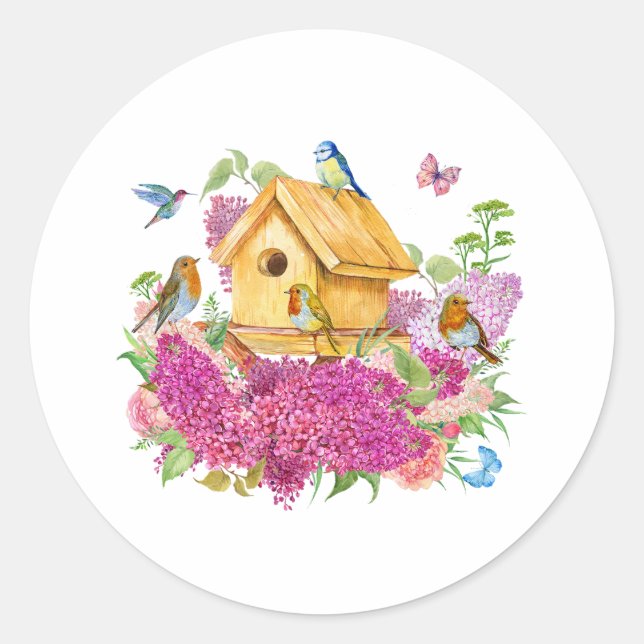 Watercolor Birdhouse, Birds and Lilac Flowers  Classic Round Sticker (Front)