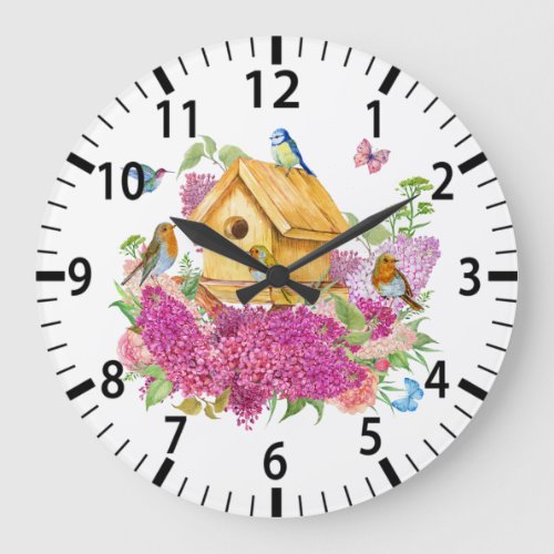 Watercolor Birdhouse Birds and Lilac Flowers  Large Clock