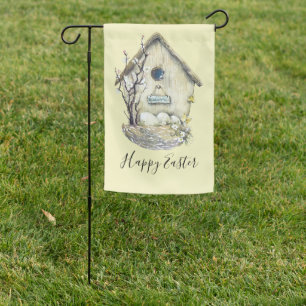Watercolor Birdhouse Egg Nest Easter Garden Flag