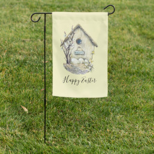 Watercolor Birdhouse Egg Nest Easter   Garden Flag