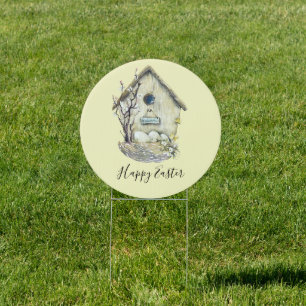 Watercolor Birdhouse Egg Nest Easter Sign