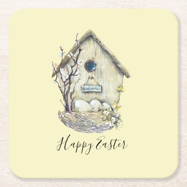 Watercolor Birdhouse Egg Nest Easter Square Paper Coaster (Front)