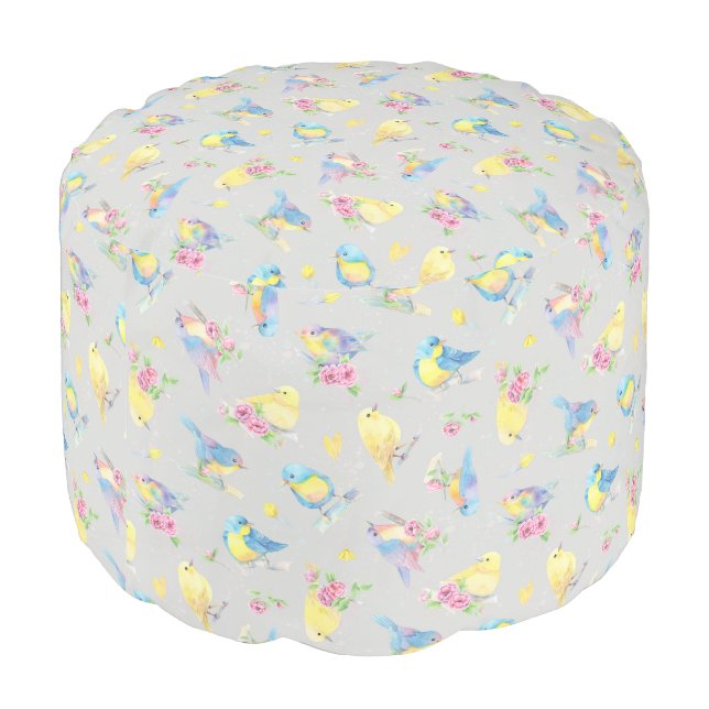 Watercolor Birds and Flowers charm Pattern Pouf (Angled Back)