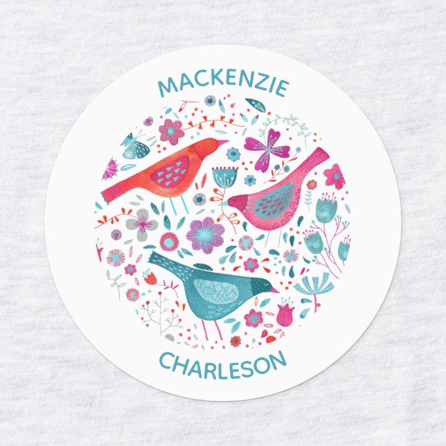 Watercolor Birds and Flowers Custom Name Labels (Design 1)