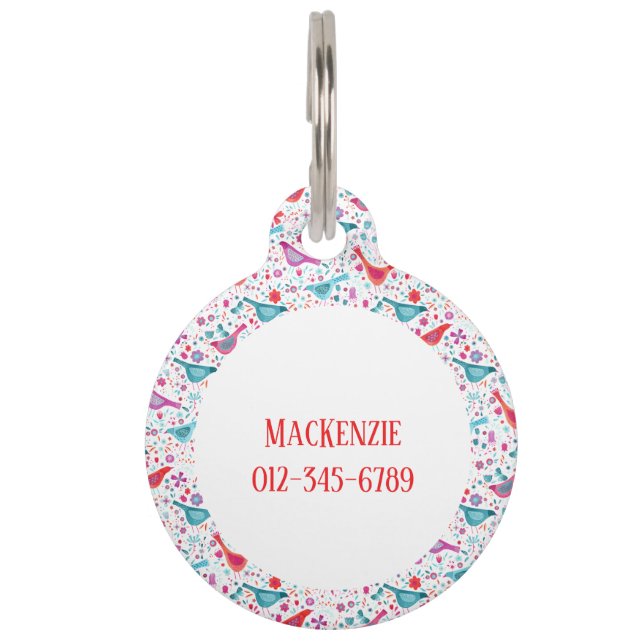 Watercolor Birds and Flowers Custom Name Pet ID Tag (Back)