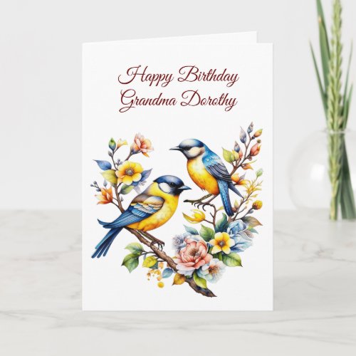 Watercolor Birds and Flowers Grandmas Birthday Card