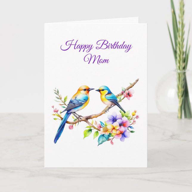 Watercolor Birds and Flowers Mom's Birthday Card (Front)