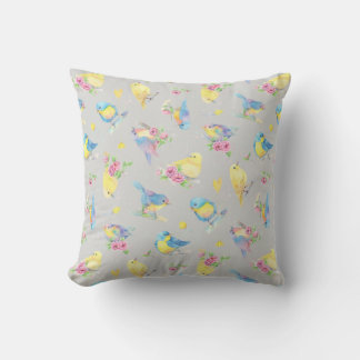 Watercolor Birds and Flowers Pattern hand drawn Throw Pillow