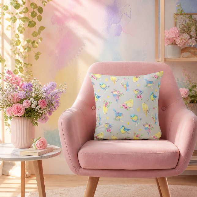 Watercolor Birds and Flowers Pattern hand drawn Throw Pillow (Add warmth, charm and joy to every moment.)