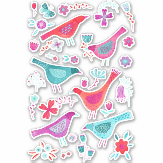 Watercolor Birds and Flowers Sticker (Front)
