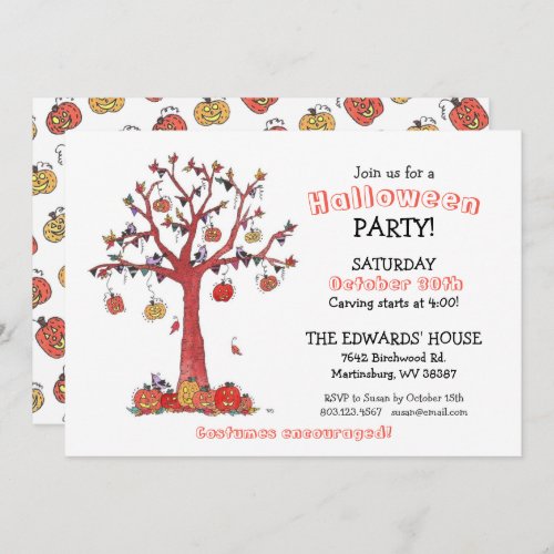Watercolor Birds and Pumpkins Tree Party Halloween Invitation