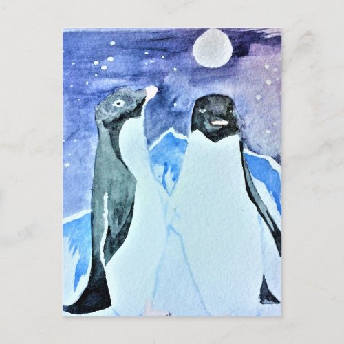 Watercolor Birds Antarctica Cute Penguins Postcard