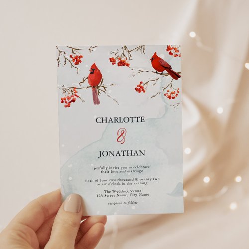 Watercolor Birds  Berries Elegant Winter Wedding  Invitation