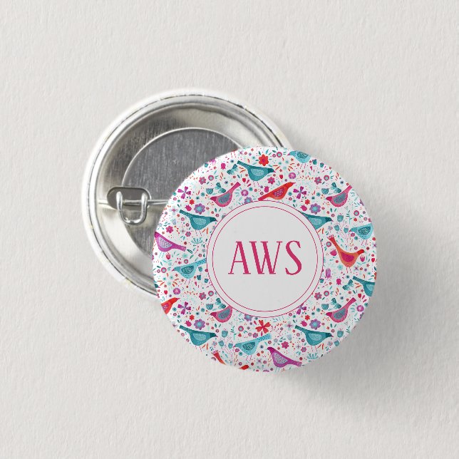 Watercolor Birds Bright Monogram Button (Front & Back)