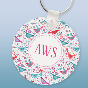 Watercolor Birds Bright Monogram Keychain