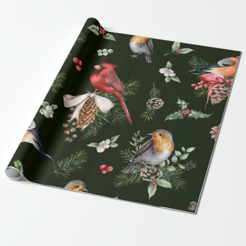Watercolor Birds Christmas Pattern Wrapping Paper