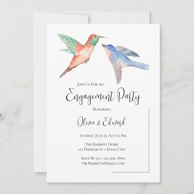 Watercolor Birds Couple Pretty Engagement Party Invitation (Front)
