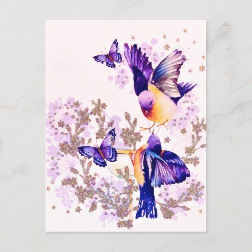 Watercolor Birds Floral Purple Glitter Holiday Postcard