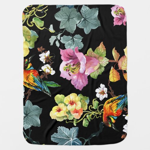 Watercolor Birds Flowers Colorful Seamless Baby Blanket