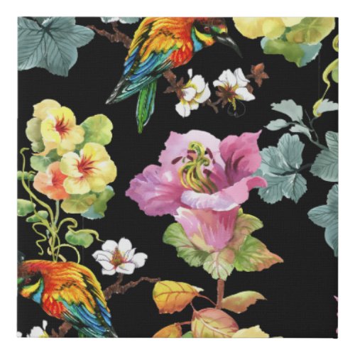 Watercolor Birds Flowers Colorful Seamless Faux Canvas Print