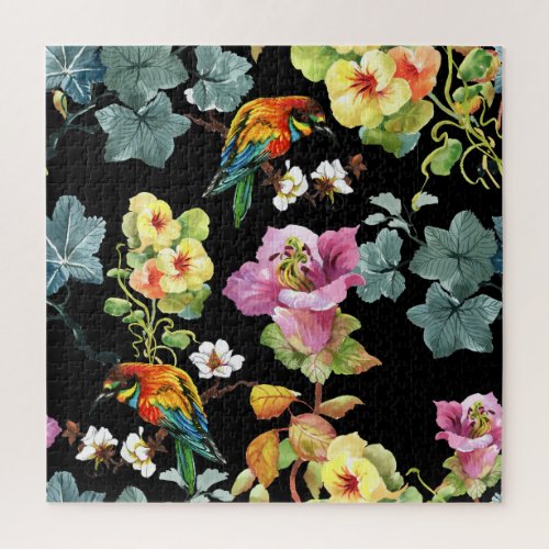 Watercolor Birds Flowers Colorful Seamless Jigsaw Puzzle