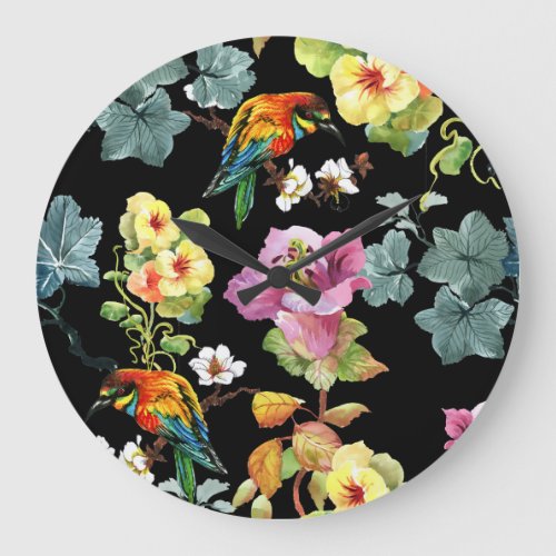Watercolor Birds Flowers Colorful Seamless Large Clock