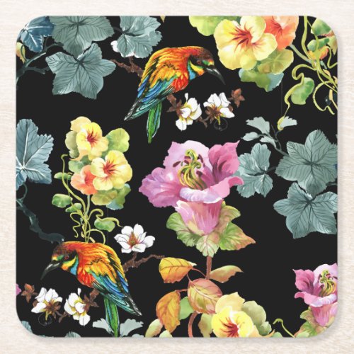 Watercolor Birds Flowers Colorful Seamless Square Paper Coaster