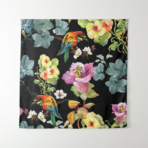 Watercolor Birds Flowers Colorful Seamless Tapestry