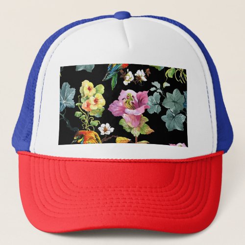 Watercolor Birds Flowers Colorful Seamless Trucker Hat