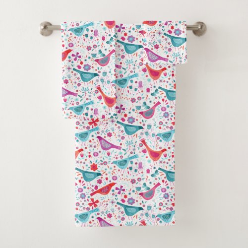 Watercolor Birds in a Garden Floral Teal Pink Bath Towel Set