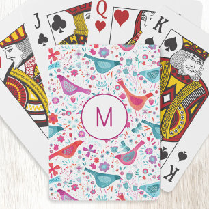 Watercolor Birds in a Garden of Flowers Monogram Poker Cards