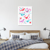 Watercolor Birds in a Garden of Flowers Painting Canvas Print (Insitu(Bedroom))
