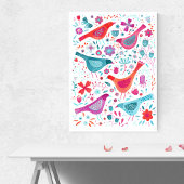 Watercolor Birds in a Garden of Flowers Painting Canvas Print