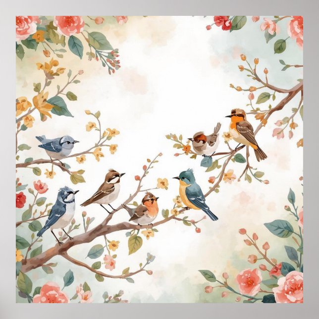 Watercolor Birds in Bloom Poster (Front)