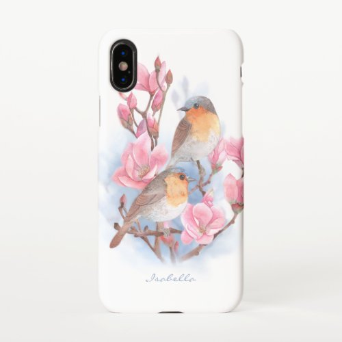 Watercolor Birds In Magnolia Tree With Name iPhone X Case