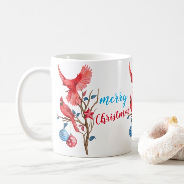 Watercolor birds Merry Christmas personalized Coffee Mug (With Donut)