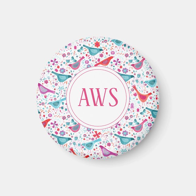 Watercolor Birds Monogram Magnet (Front)