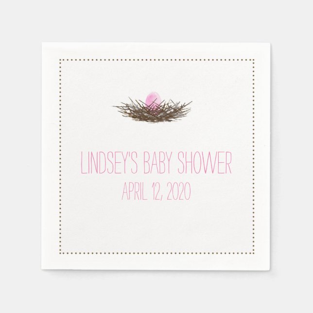 Watercolor Bird's Nest | Baby Girl Shower Paper Napkins (Front)
