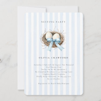 Watercolor Birds Nest Blue Bow Nesting Party Invitation