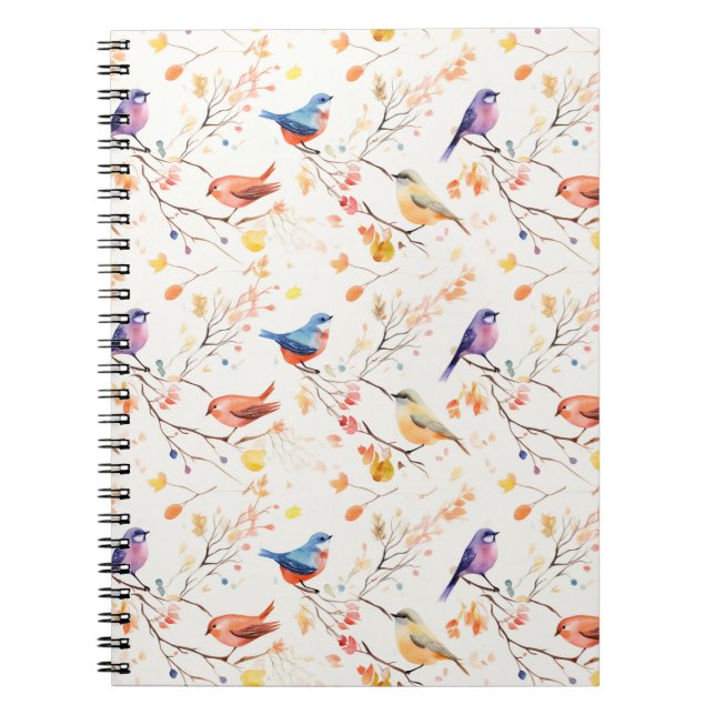 Watercolor Birds on Branch Pattern Notebook (Front)
