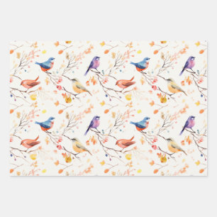 Watercolor Birds on Branch Pattern Wrapping Paper Sheets