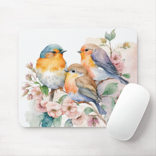 Watercolor Birds On Flower Branch Mouse Pad (With Mouse)