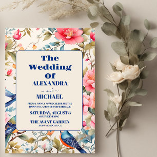 Watercolor Birds Peony Chinoiserie Garden Wedding Invitation