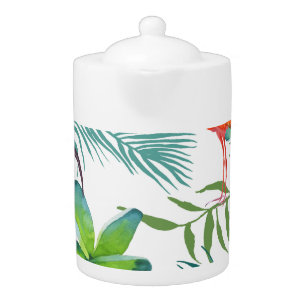 Watercolor birds: vintage seamless pattern. teapot