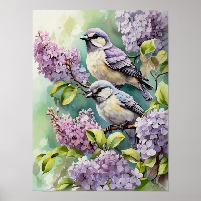 Watercolor Birds with Blooming Lilac Flowers Poster (Front)