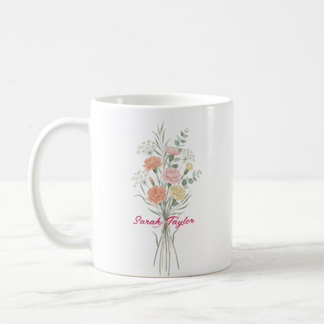 Watercolor Birth Flower Carnation Personalized Mug (Left)