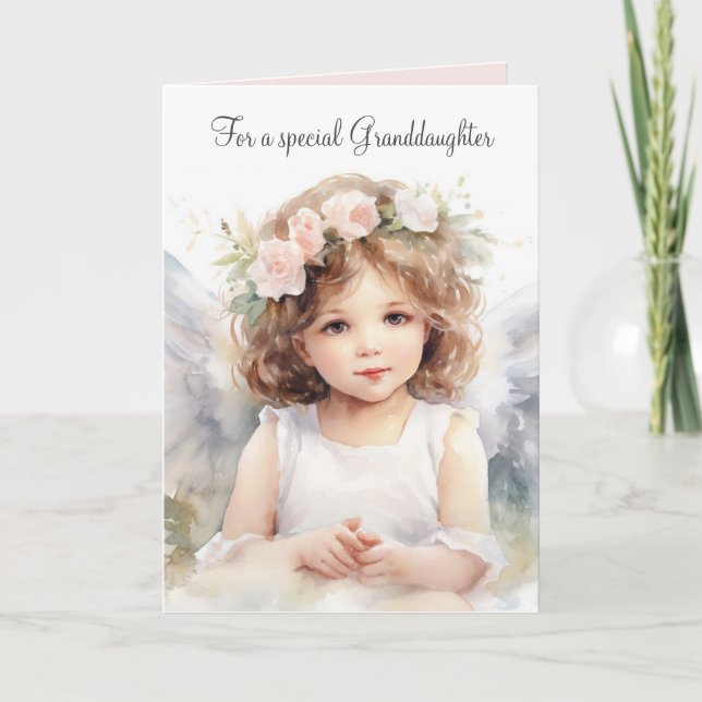 Watercolor Birthday Angel Girl For Granddaughter Card (Front)
