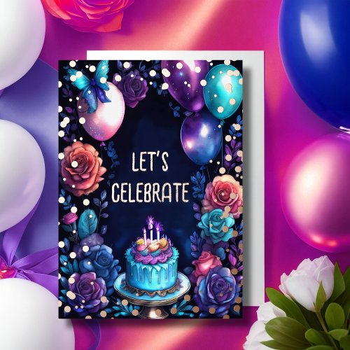 Watercolor Birthday Balloons Cake Navy Blue Purple Foil Invitation