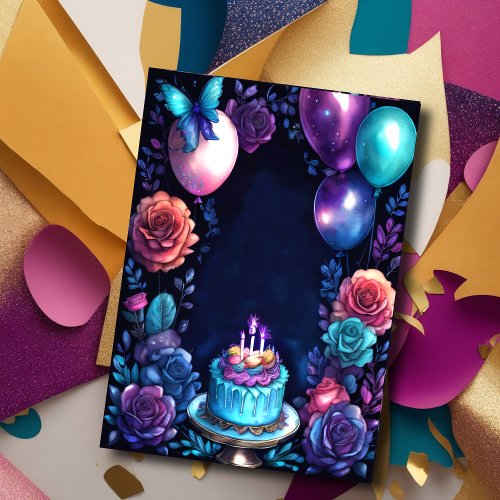 Watercolor Birthday Balloons Cake Navy Blue Purple Invitation