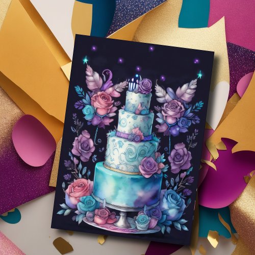 Watercolor Birthday Balloons Cake Navy Blue Purple Invitation